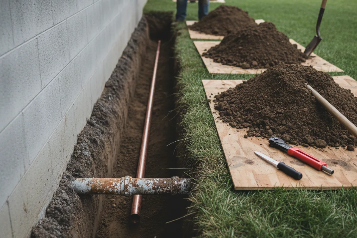 Excavated water line trench during Water Softener Installation in Cobbs Creek